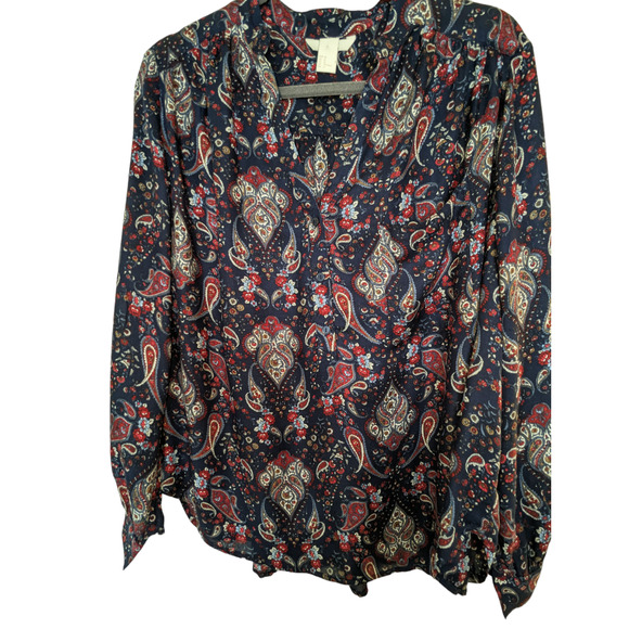 H&M Womens 12 Multicolor Blouse Paisley Red Blue White Button Up V Neck - Picture 11 of 13